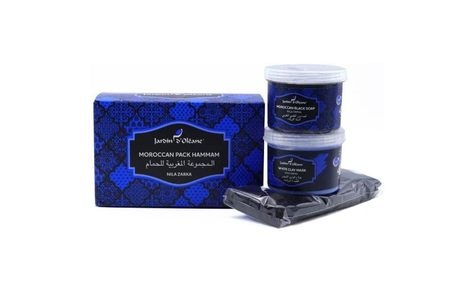 Jardin Oleane Moroccan Bath Packs, The Pack contain a Soap sized 80g, Clay Mask sized 100g and loofah (Moroccon Nila Zarka) | مجموعة حمام مغربي العبوة تحتوي على 80 جرام صابون و 100 جرام ماسك الطين و ليفة (نيلة زرقا)