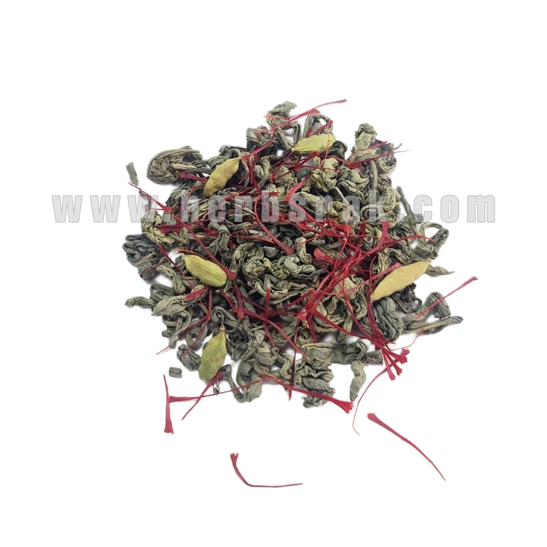 Special Royal Afghan Green Tea with Super Negin Saffron and Cardamom | Fine Quality and Pure Leaf Brew شاي أخضر أفغاني ملكي ممتاز مع زعفران سوبر نگين و هيل | مشروب الورقة النقية