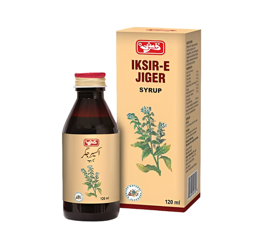 Akseer-e-Jiger Syrup For Liver Disorders اکسیر جگر شراب أعشاب فعال لاضطرابات الكبد واليرقان وفقر الدم وتضخم الكبد والتهاب الكبد وحرقة المعدة وتهيج المثانة. يساعد في استعادة وظائف الكبد والمعدة.