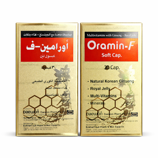 Oramin-F Soft Cap Multivitamin & Minerals Supplement with Royal Jelly and Ginseng for Energy & Vitality - 30 Soft Capsules أورامين-ف مكمل غذائي فيتامينات ومعادن مع جينسنج وغذاء ملكات النحل للطاقة والحيوية - عبوة 30 كبسولة