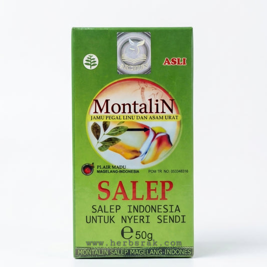 Montalin Ointment Salep Jamu Pegal Linu dan Asam Urat | Herbal Medicine For Joint Stiffness And Gout Cream - 50g مرهم تقليدي إندونيسي مونتالين - مفيد لتخفيف آلام العضلات والمفاصل والنقرس